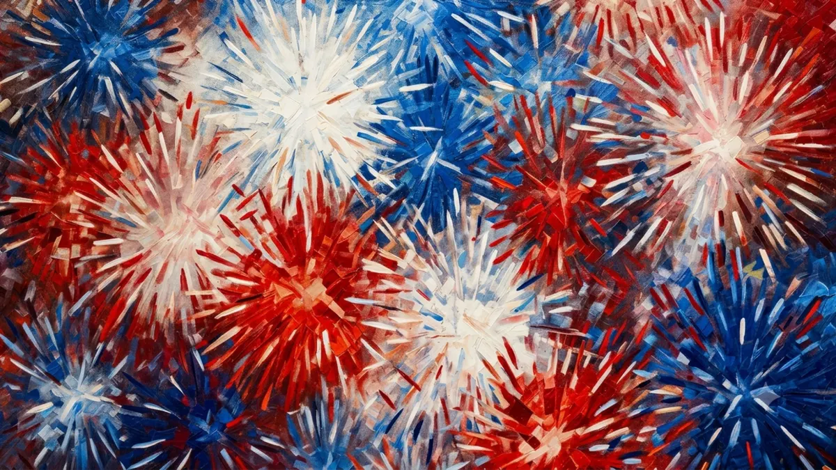 Fireworks Finale Frame TV sign — a painted close-up of red, white, and blue fireworks bursts filling the frame